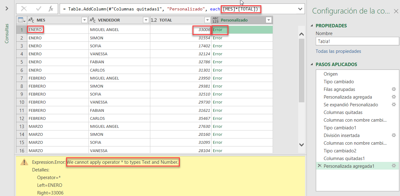 Error en operaciones con datos